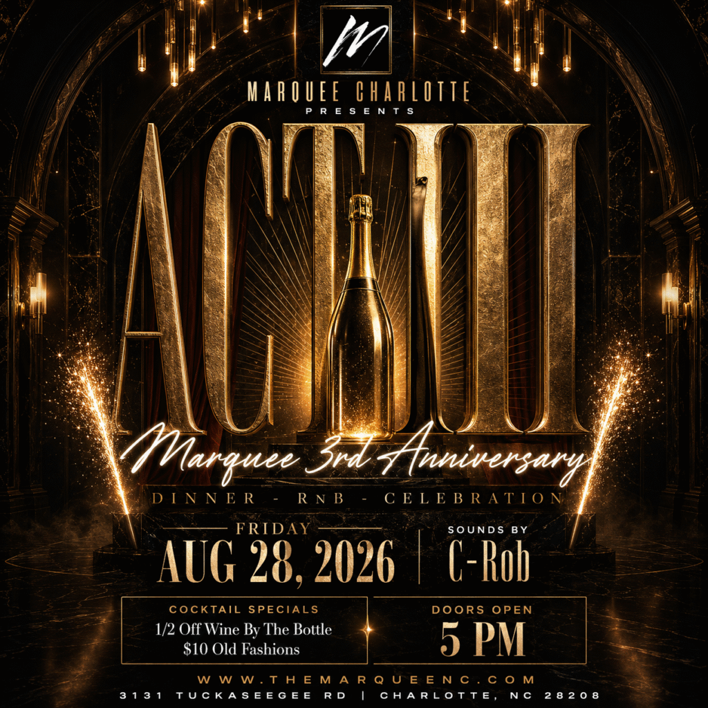 Marquee third anniversary dinner R&B and celebration flyer for August 28, 2026