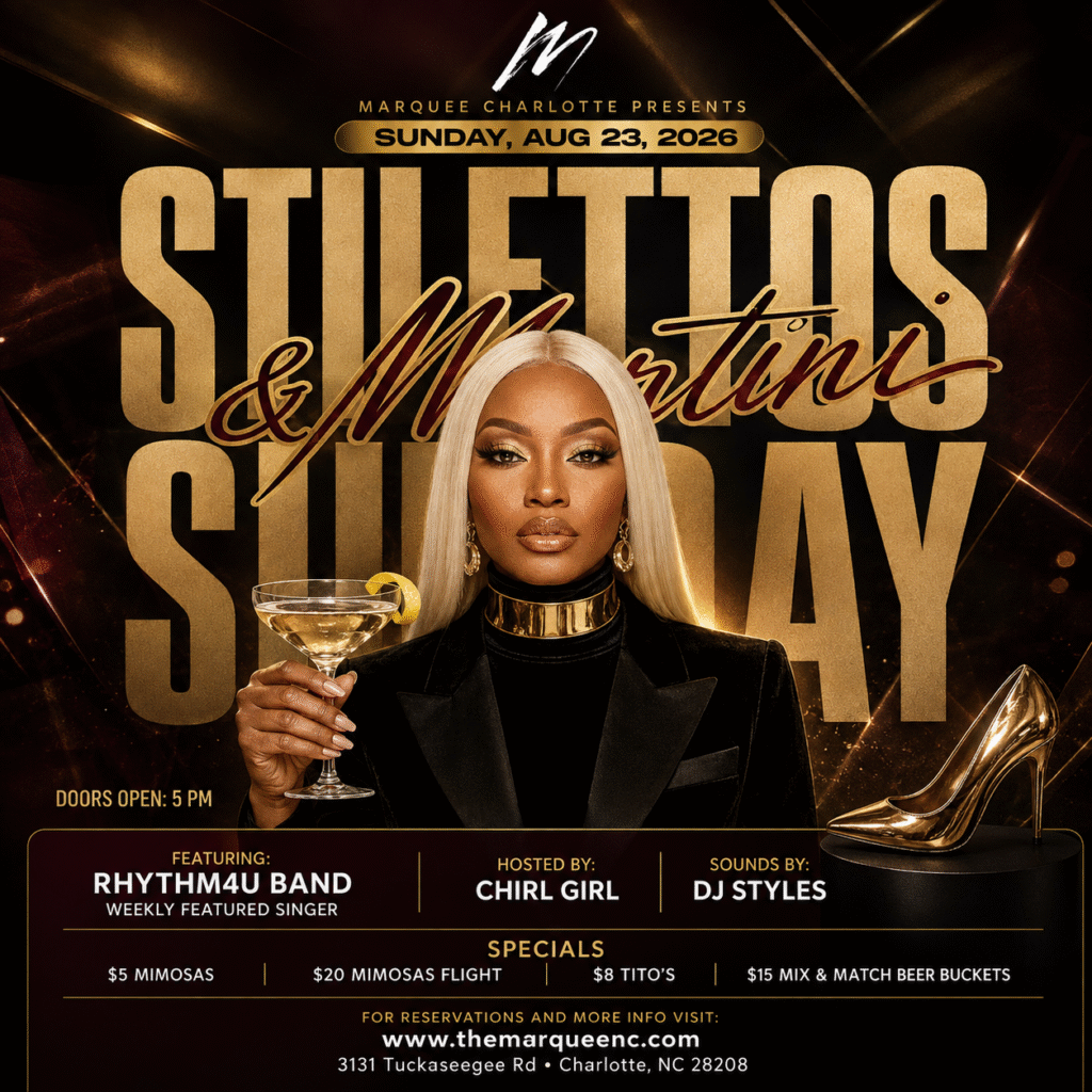 Stilettos and Martini Sunday flyer for August 23, 2026
